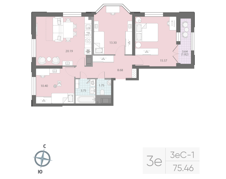 3-комнатная квартира №42Р в: ЦИВИЛИЗАЦИЯ НА НЕВЕ: 75.46 м²; этаж: 6 - купить в Санкт-Петербурге