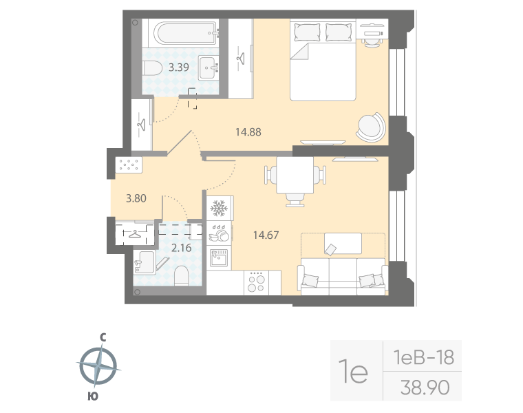 1-комнатная квартира  №655 в Цивилизация на Неве: 38.9 м², этаж 2 - купить в Санкт-Петербурге