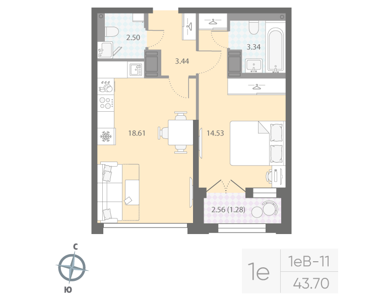 1-комнатная квартира  №373 в Цивилизация на Неве: 43.7 м², этаж 15 - купить в Санкт-Петербурге