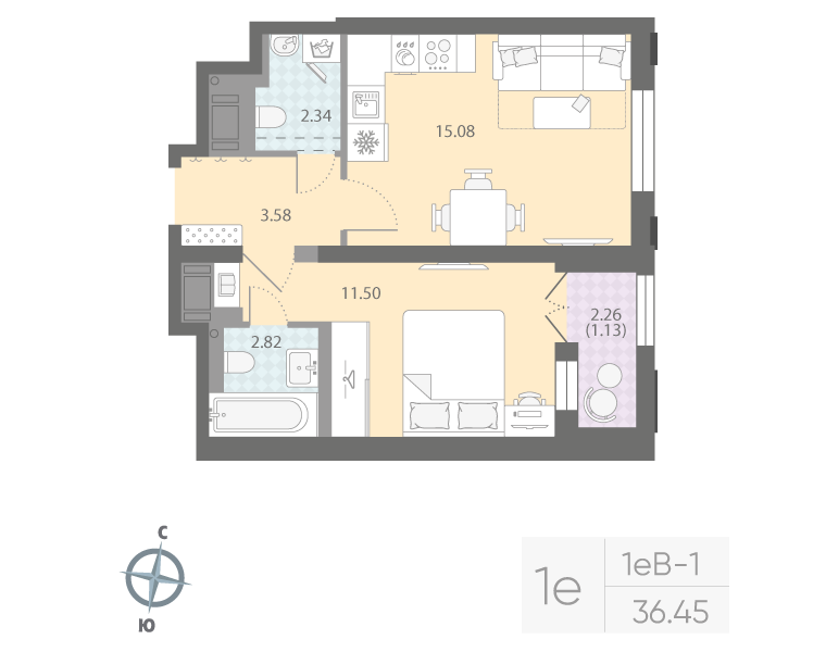1-комнатная квартира, 36.45 м²; этаж: 16 - купить в Санкт-Петербурге