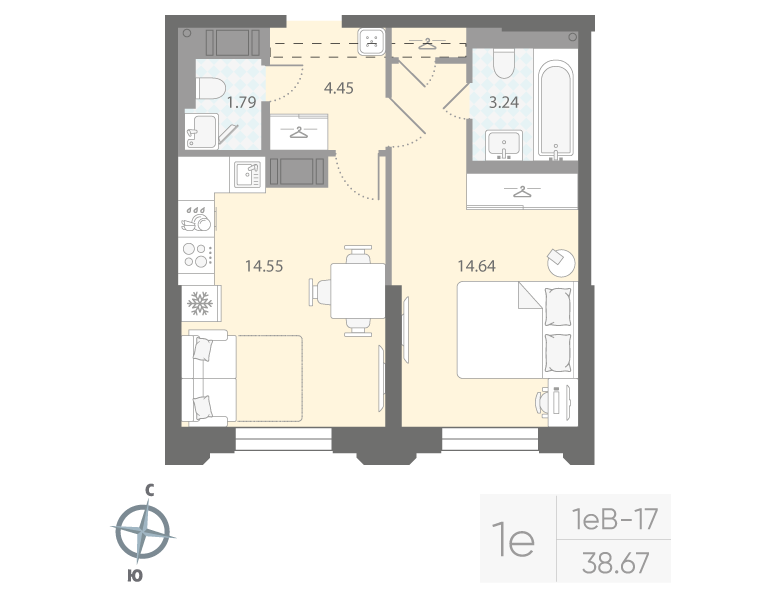 1-комнатная квартира  №544 в Цивилизация на Неве: 38.67 м², этаж 3 - купить в Санкт-Петербурге