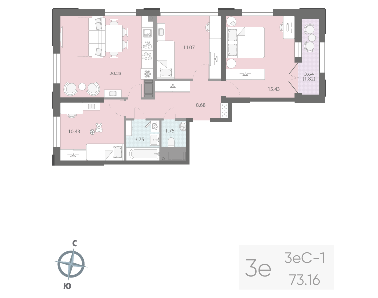 3-комнатная квартира №42Р в: ЦИВИЛИЗАЦИЯ НА НЕВЕ: 73.16 м²; этаж: 15 - купить в Санкт-Петербурге