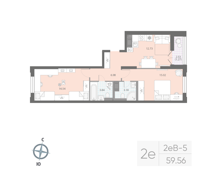 2-комнатная квартира, 59.56 м²; этаж: 6 - купить в Санкт-Петербурге