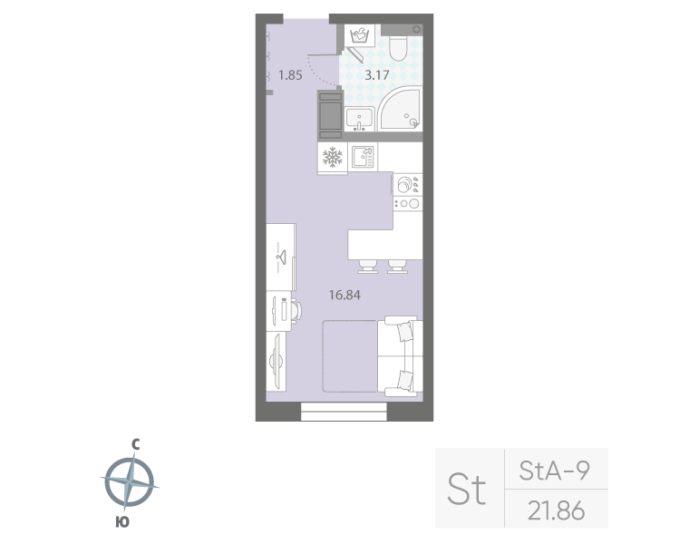 1-комнатная квартира  №313 в Цивилизация на Неве: 21.86 м², этаж 5 - купить в Санкт-Петербурге