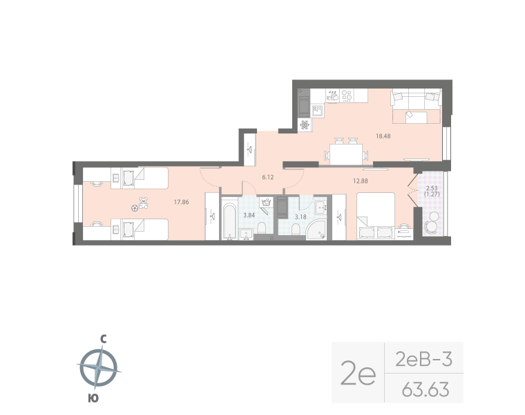 2-комнатная квартира  №198 в Цивилизация на Неве: 63.63 м², этаж 15 - купить в Санкт-Петербурге