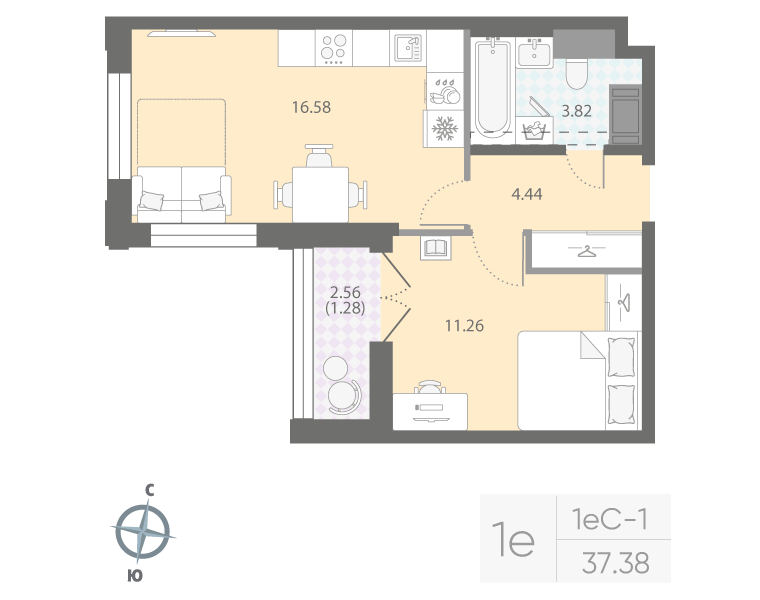 1-комнатная квартира, 37.38 м²; этаж: 12 - купить в Санкт-Петербурге