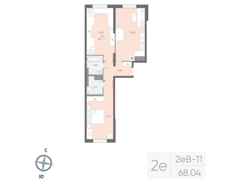2-комнатная квартира  №556 в Цивилизация на Неве: 68.04 м², этаж 5 - купить в Санкт-Петербурге