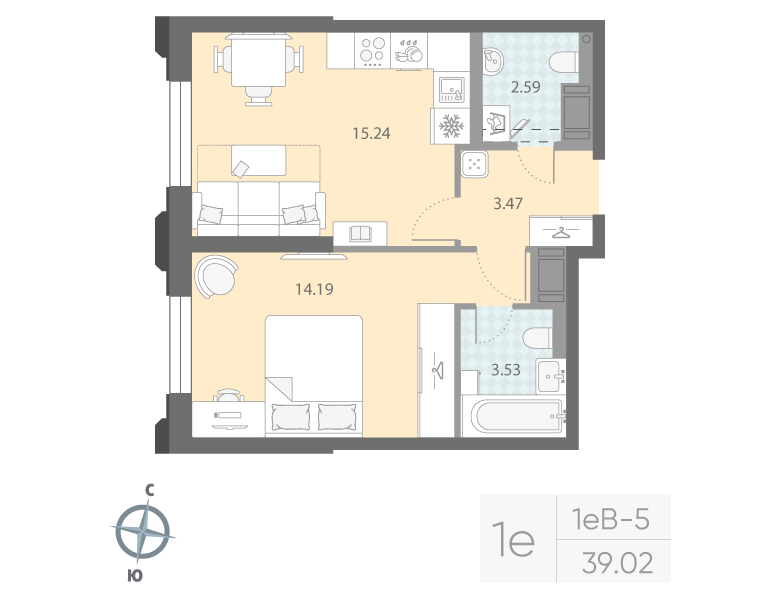 1-комнатная квартира  №14 в Цивилизация на Неве: 39.02 м², этаж 3 - купить в Санкт-Петербурге