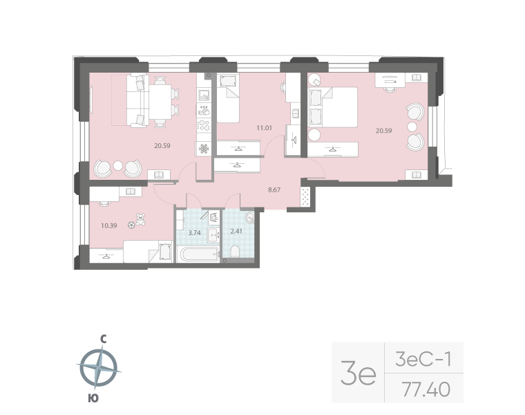 3-комнатная квартира  №3 в Цивилизация на Неве: 77.62 м², этаж 2 - купить в Санкт-Петербурге