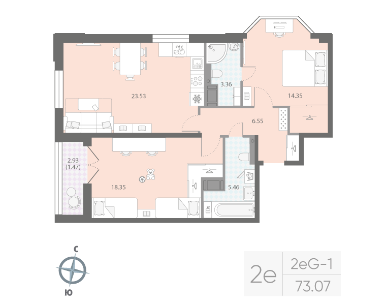 2-комнатная квартира, 73.07 м²; этаж: 10 - купить в Санкт-Петербурге