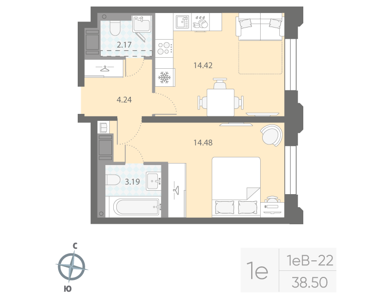 1-комнатная квартира  №790 в Цивилизация на Неве: 38.5 м², этаж 3 - купить в Санкт-Петербурге