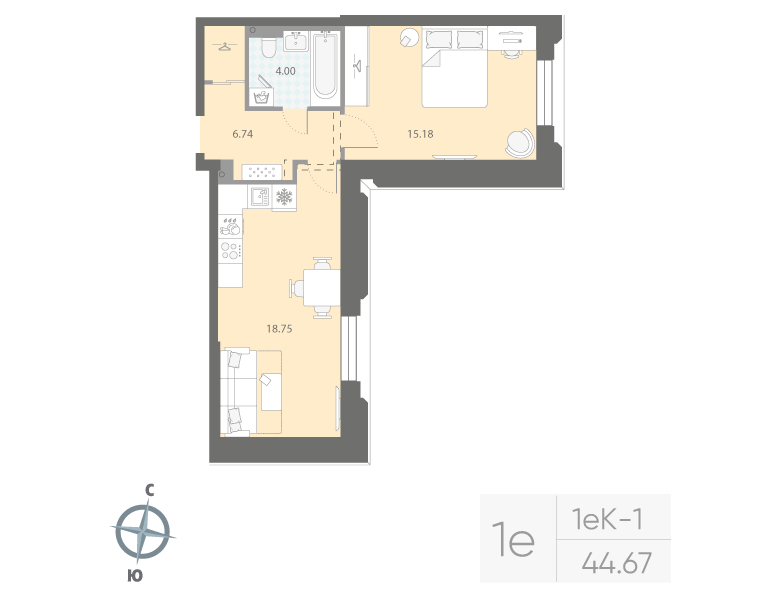 1-комнатная квартира, 44.67 м²; этаж: 2 - купить в Санкт-Петербурге