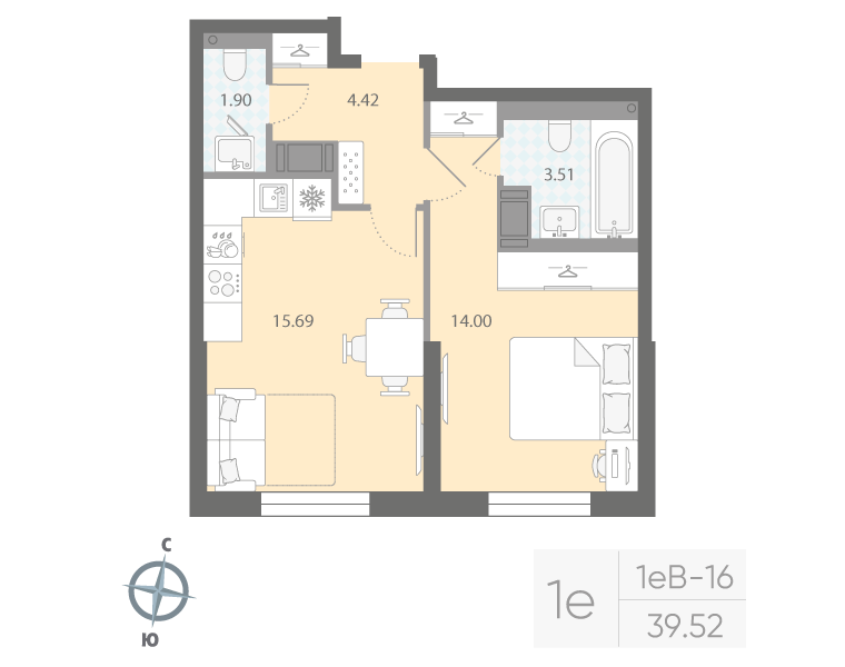 1-комнатная квартира, 39.52 м²; этаж: 5 - купить в Санкт-Петербурге