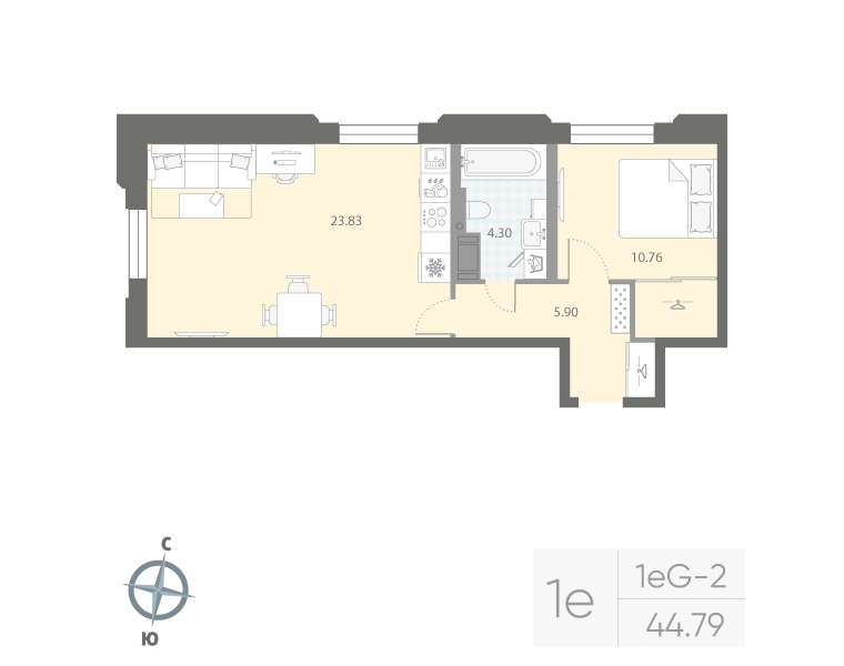1-комнатная квартира  №793 в Цивилизация на Неве: 44.79 м², этаж 3 - купить в Санкт-Петербурге