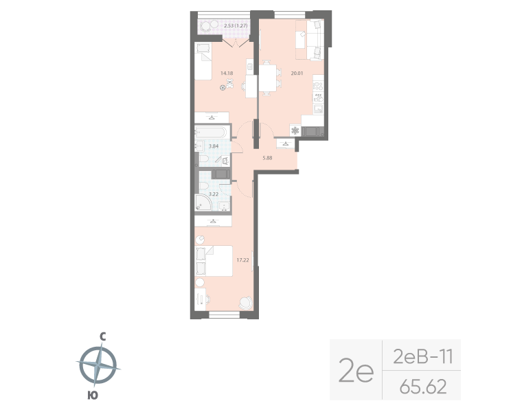 2-комнатная квартира  №612 в Цивилизация на Неве: 65.62 м², этаж 13 - купить в Санкт-Петербурге