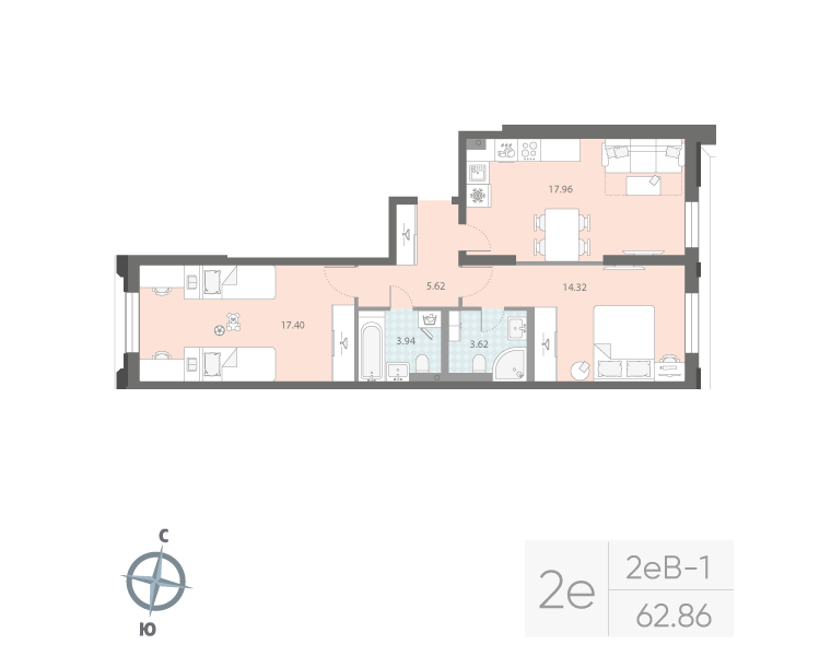2-комнатная квартира  №8 в Цивилизация на Неве: 62.86 м², этаж 2 - купить в Санкт-Петербурге