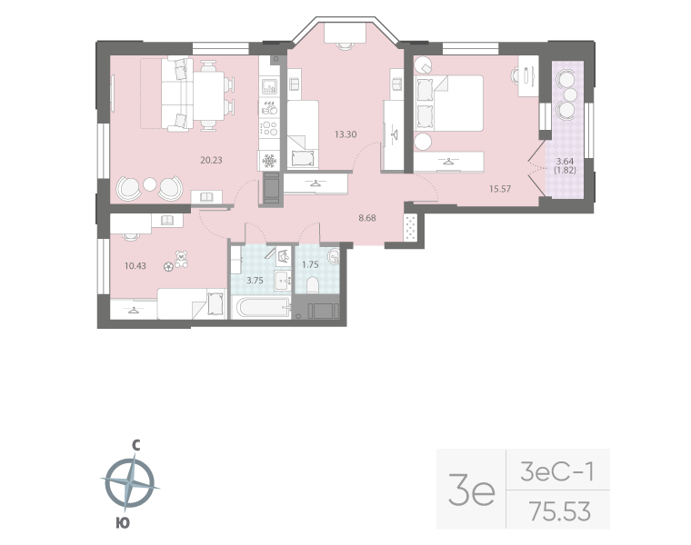 3-комнатная квартира №42Р в: ЦИВИЛИЗАЦИЯ НА НЕВЕ: 75.53 м²; этаж: 12 - купить в Санкт-Петербурге