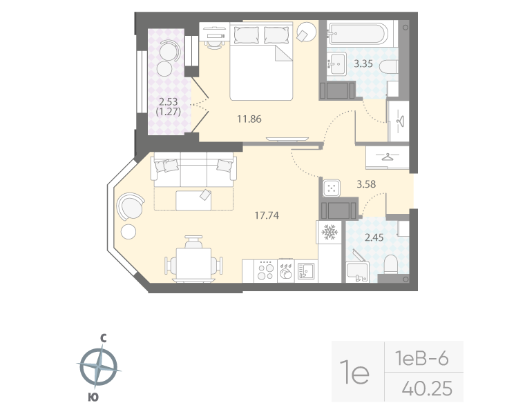 1-комнатная квартира  №168 в Цивилизация на Неве: 40.25 м², этаж 8 - купить в Санкт-Петербурге