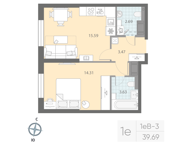 1-комнатная квартира  №30 в Цивилизация на Неве: 39.69 м², этаж 5 - купить в Санкт-Петербурге