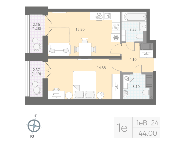 1-комнатная квартира, 44 м²; этаж: 15 - купить в Санкт-Петербурге