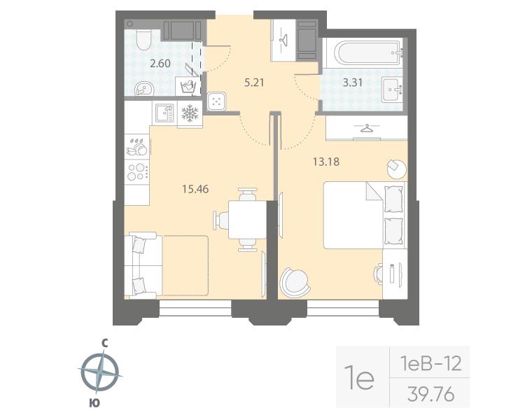 1-комнатная квартира  №397 в Цивилизация на Неве: 39.76 м², этаж 3 - купить в Санкт-Петербурге