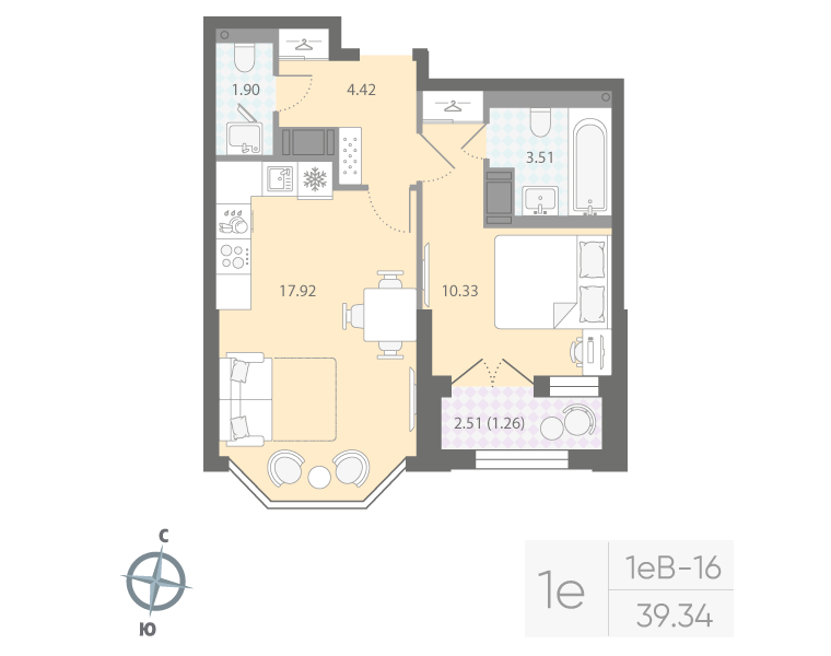 1-комнатная квартира, 39.34 м²; этаж: 6 - купить в Санкт-Петербурге