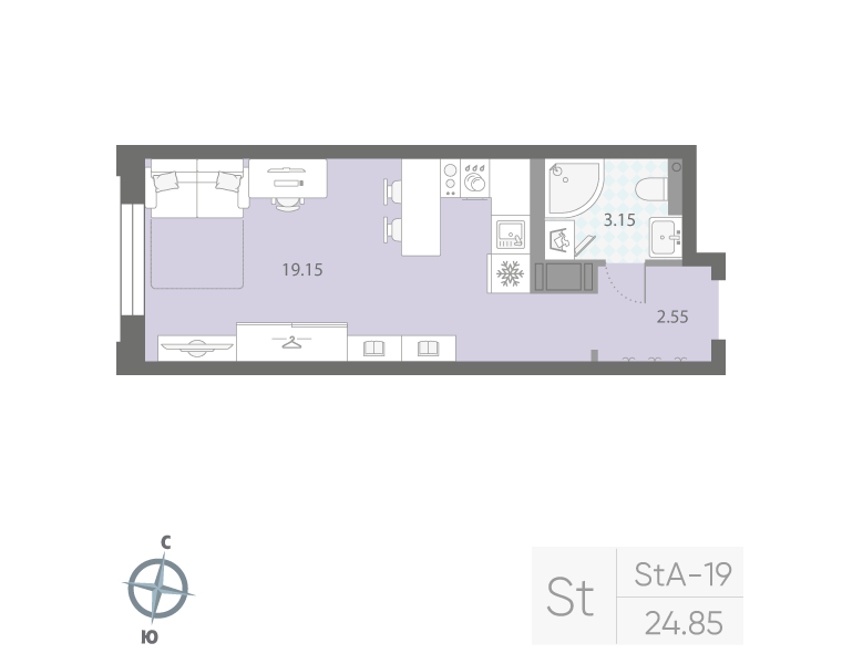 1-комнатная квартира  №796 в Цивилизация на Неве: 24.85 м², этаж 3 - купить в Санкт-Петербурге