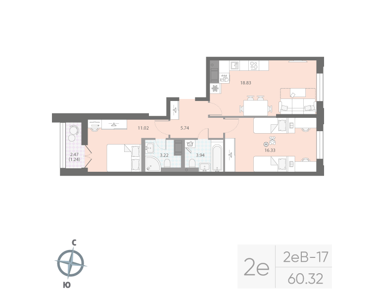 2-комнатная квартира, 60.32 м²; этаж: 8 - купить в Санкт-Петербурге