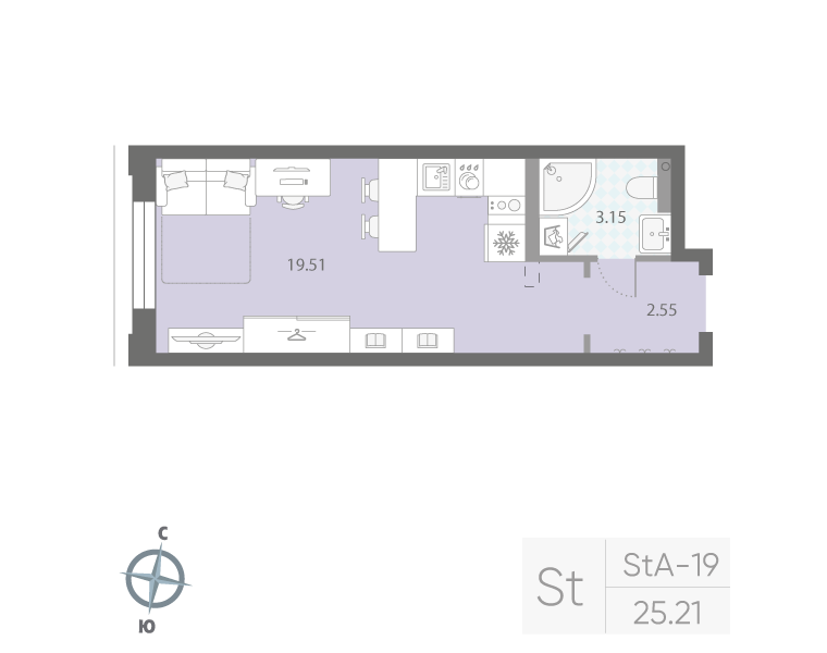 1-комнатная квартира  №785 в Цивилизация на Неве: 25.21 м², этаж 2 - купить в Санкт-Петербурге