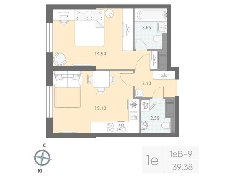 1-комнатная квартира, 39.38 м²; этаж: 5 - купить в Санкт-Петербурге