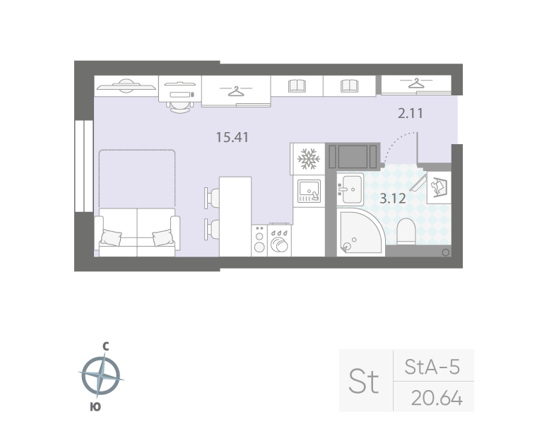 1-комнатная квартира  №228 в Цивилизация на Неве: 20.64 м², этаж 5 - купить в Санкт-Петербурге