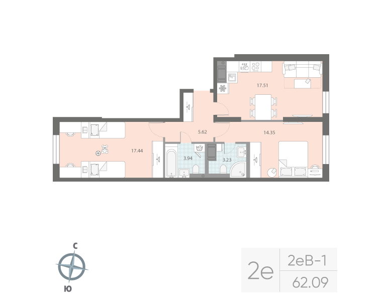 2-комнатная квартира, 62.09 м²; этаж: 5 - купить в Санкт-Петербурге