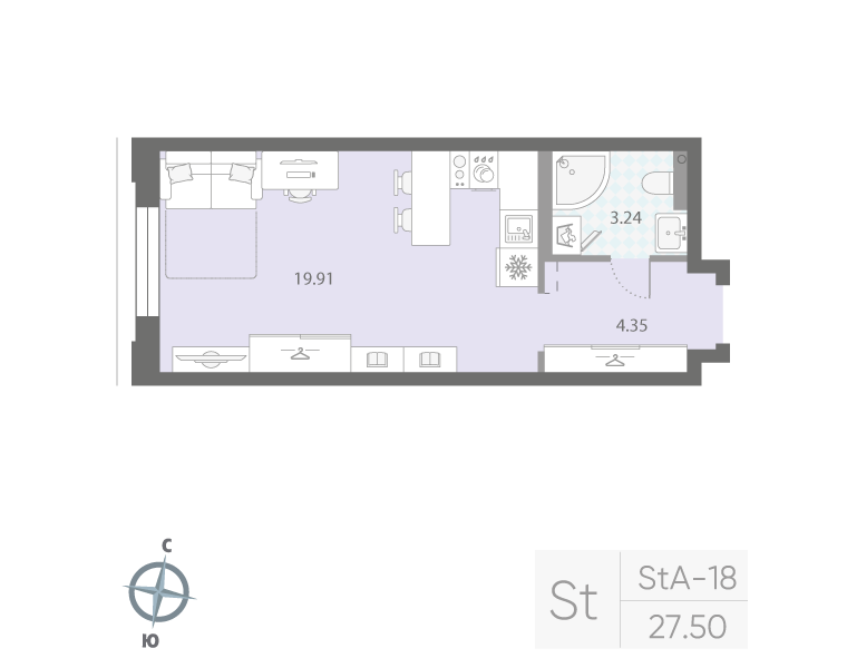1-комнатная квартира  №784 в Цивилизация на Неве: 27.5 м², этаж 2 - купить в Санкт-Петербурге