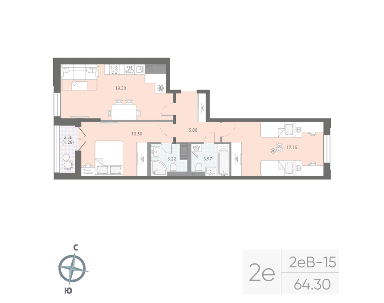 2-комнатная квартира  №765 в Цивилизация на Неве: 64.3 м², этаж 16 - купить в Санкт-Петербурге