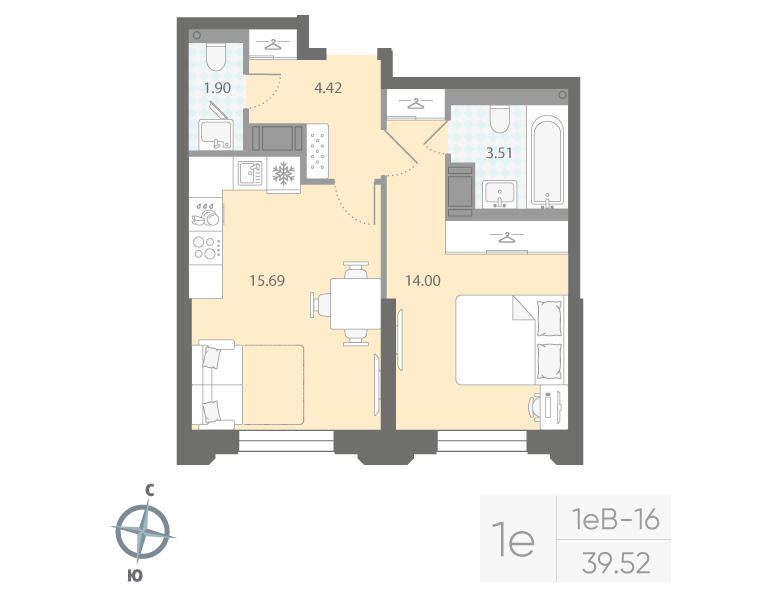 1-комнатная квартира, 39.52 м²; этаж: 3 - купить в Санкт-Петербурге