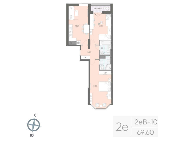 2-комнатная квартира  №486 в Цивилизация на Неве: 69.6 м², этаж 6 - купить в Санкт-Петербурге