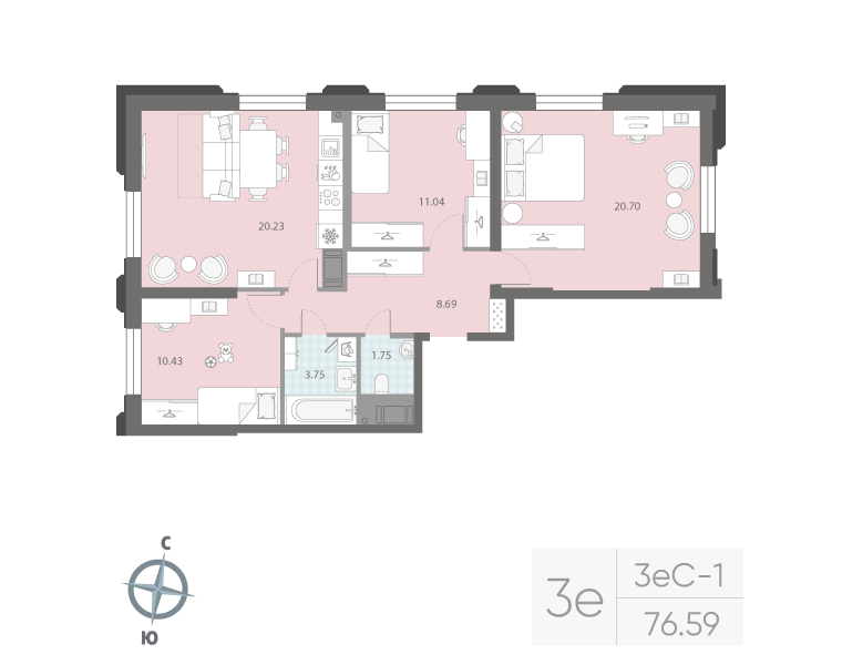3-комнатная квартира  №11 в Цивилизация на Неве: 76.59 м², этаж 3 - купить в Санкт-Петербурге
