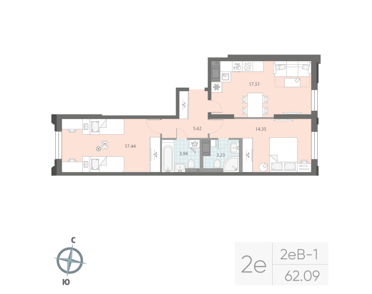 2-комнатная квартира, 62.09 м²; этаж: 3 - купить в Санкт-Петербурге