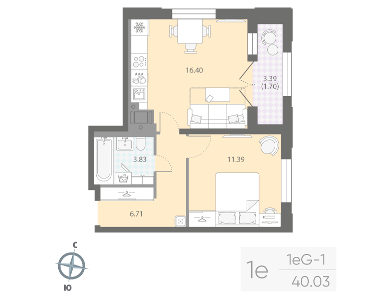 1-комнатная квартира, 40.03 м²; этаж: 15 - купить в Санкт-Петербурге