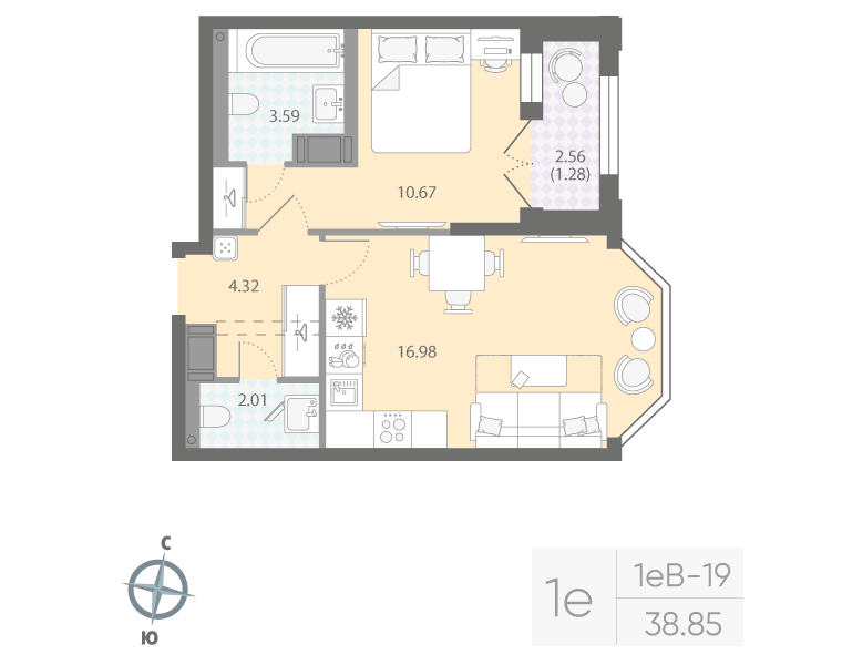 1-комнатная квартира  №734 в Цивилизация на Неве: 38.85 м², этаж 8 - купить в Санкт-Петербурге