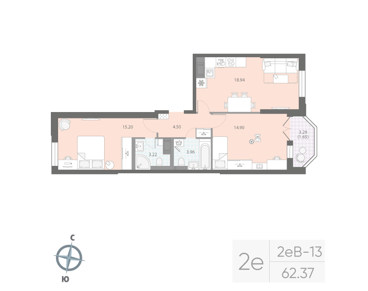2-комнатная квартира  №666 в Цивилизация на Неве: 62.37 м², этаж 6 - купить в Санкт-Петербурге