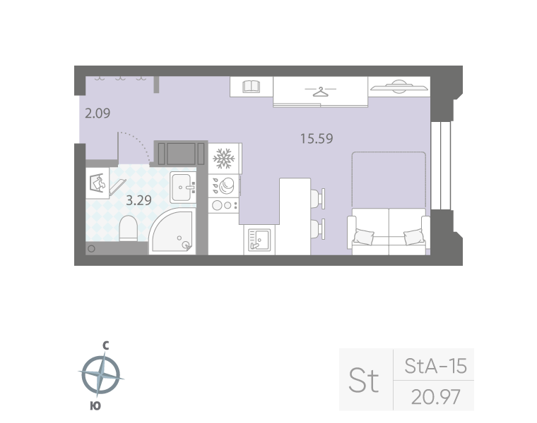 1-комнатная квартира №42Р в: ЦИВИЛИЗАЦИЯ НА НЕВЕ: 20.97 м²; этаж: 4 - купить в Санкт-Петербурге