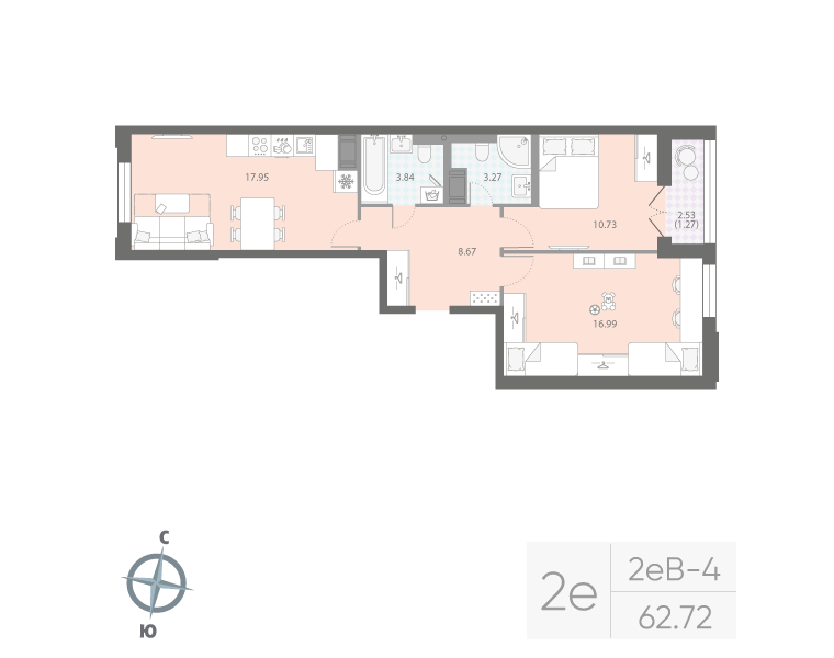 2-комнатная квартира, 62.72 м²; этаж: 10 - купить в Санкт-Петербурге