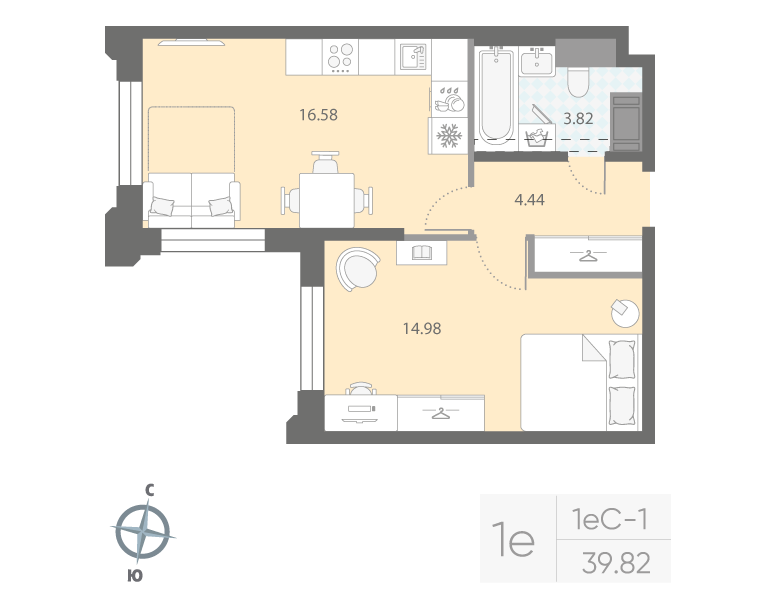 1-комнатная квартира, 39.82 м²; этаж: 4 - купить в Санкт-Петербурге