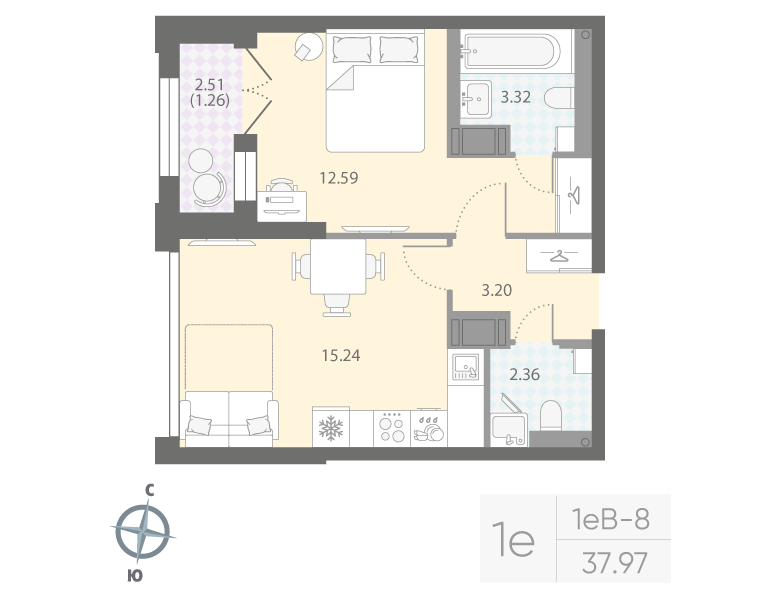 1-комнатная квартира, 37.97 м²; этаж: 15 - купить в Санкт-Петербурге