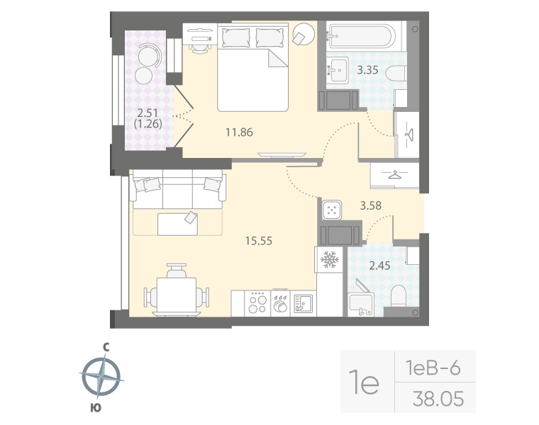1-комнатная квартира, 38.05 м²; этаж: 15 - купить в Санкт-Петербурге