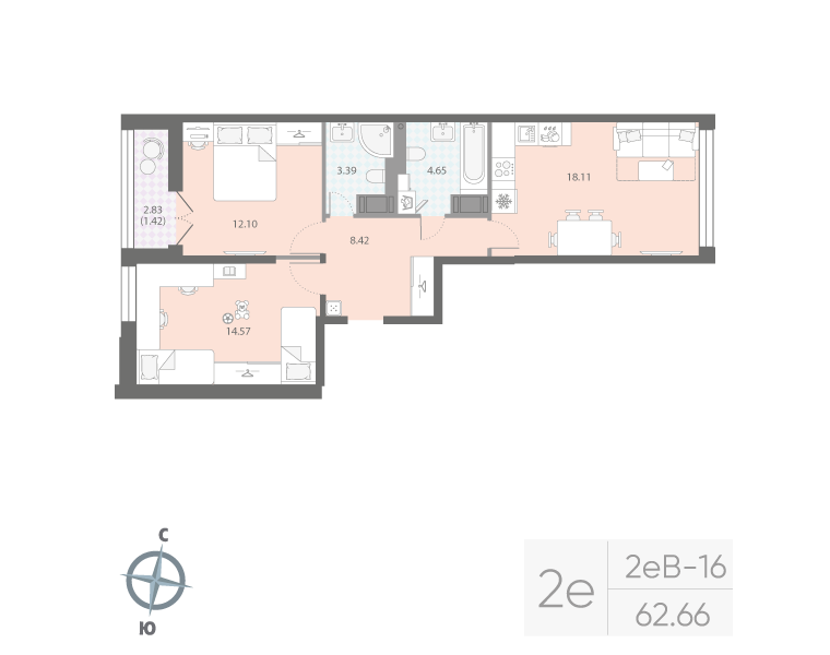 2-комнатная квартира, 62.66 м²; этаж: 15 - купить в Санкт-Петербурге