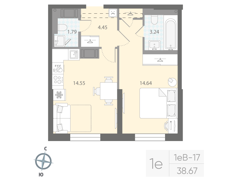 1-комнатная квартира  №558 в Цивилизация на Неве: 38.67 м², этаж 5 - купить в Санкт-Петербурге