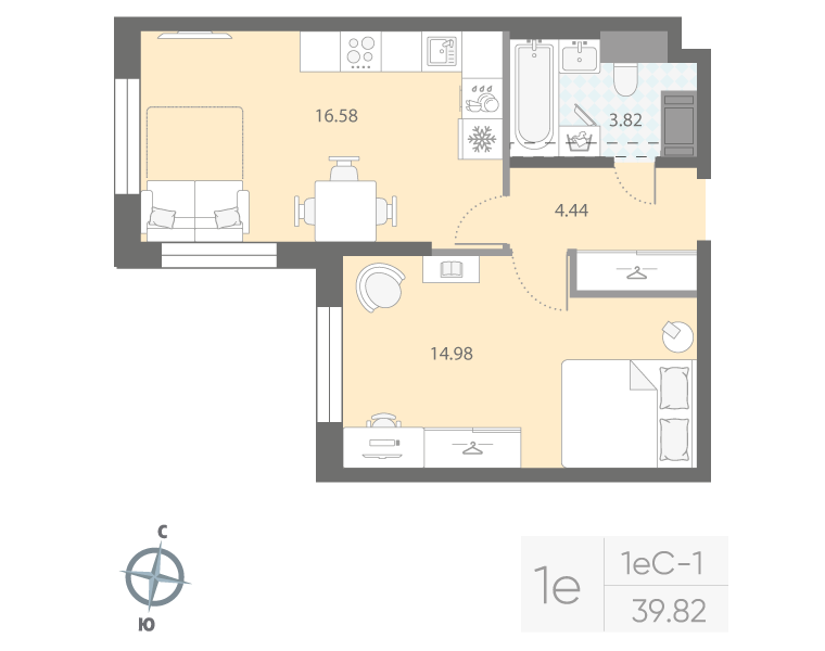 1-комнатная квартира, 39.82 м²; этаж: 5 - купить в Санкт-Петербурге
