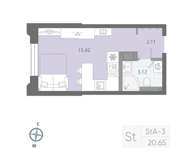 1-комнатная квартира №42Р в: «Цивилизация на Неве»: 20.65 м²; этаж: 4 - купить в Санкт-Петербурге